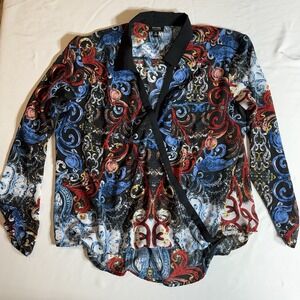 Nicole by Nicole Miller XL Faux Wrap Blouse Colorful Print Black Flowy Top